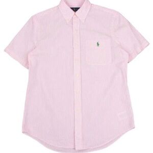 Ralph Lauren Men's Pink and White Striped Button Down Seersucker Shirt Size L